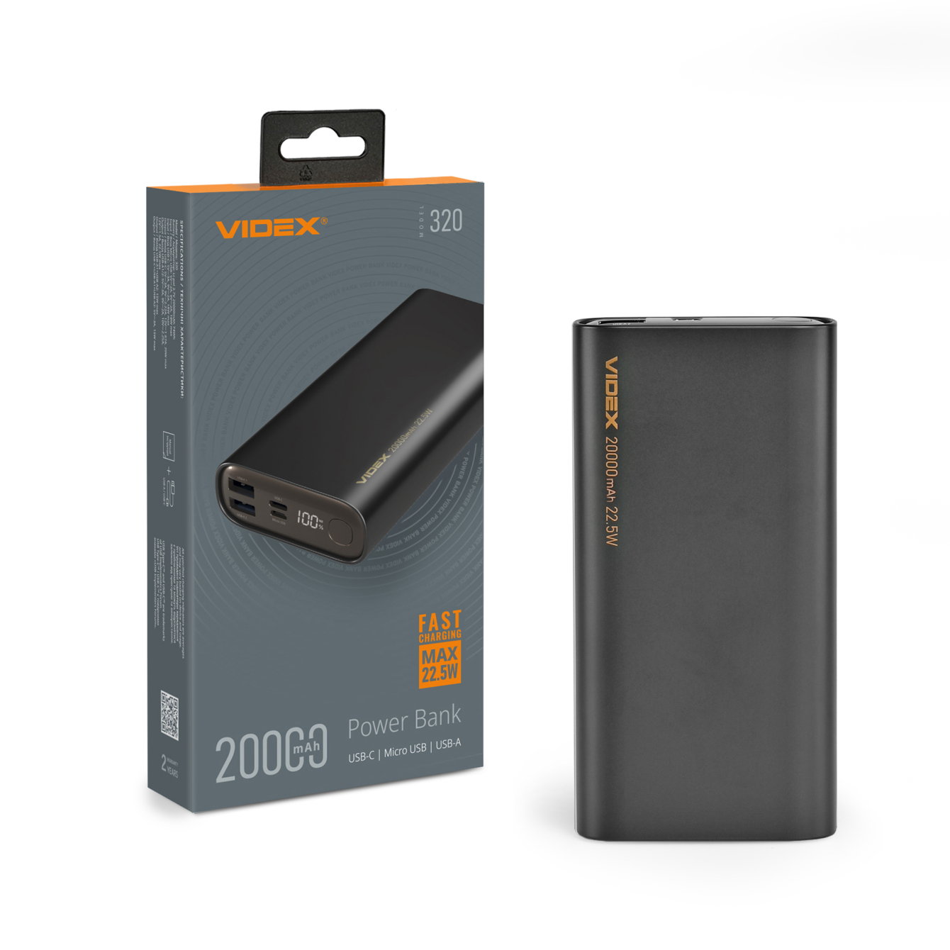 Повербанк 20000mAh VIDEX VPB-320 22.5W Black